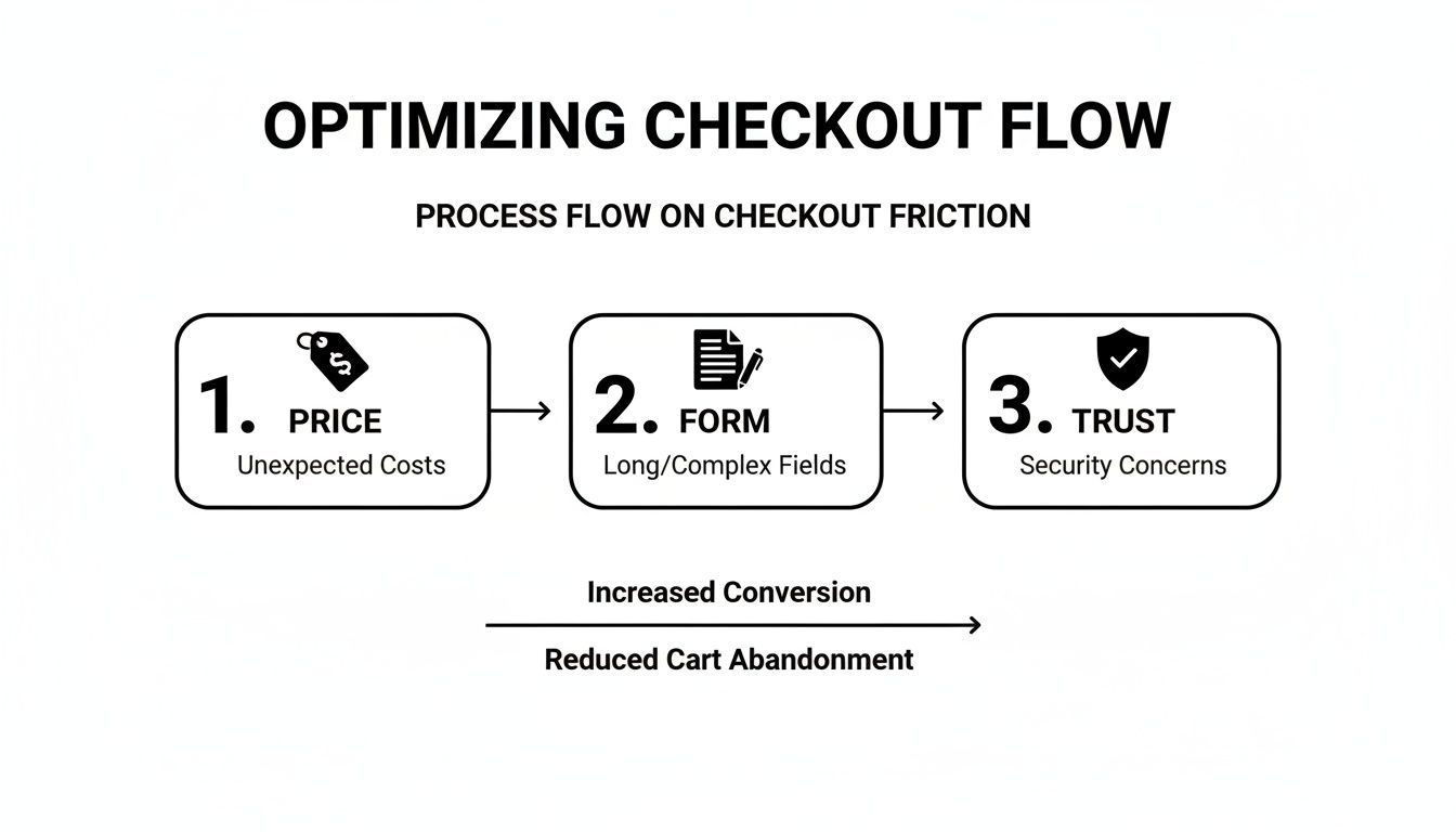 Flowchart illustrating key checkout friction points: price, form, trust, for increased conversion and reduced abandonment.