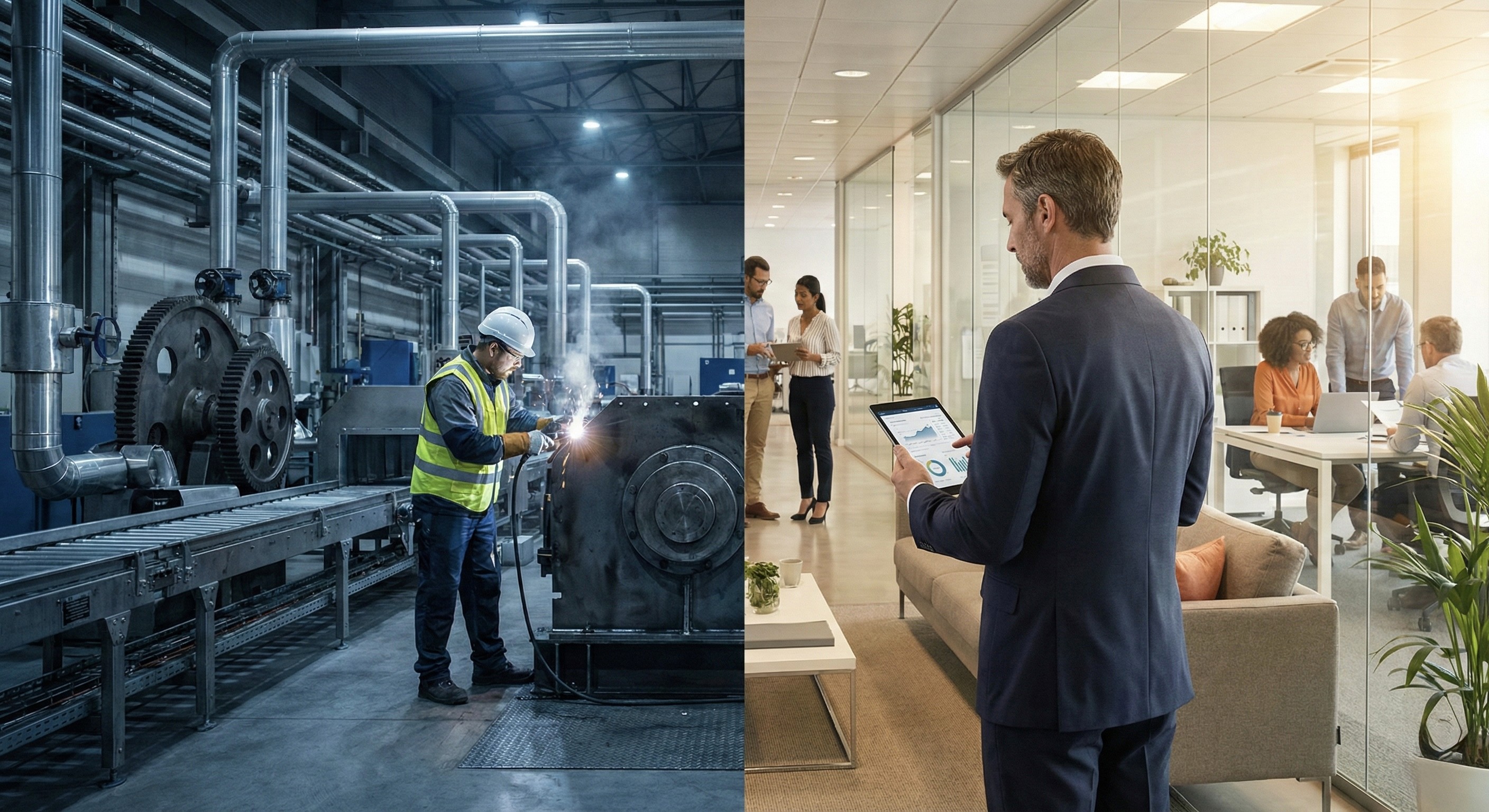 A split-screen image illustrating the Australian FM software landscape. On the left, a maintenance worker in high-visibility gear repairs industrial machinery. On the right, a corporate manager in a modern office reviews analytics on a tablet, representing a strategic approach to facility management that bridges field operations and administration.