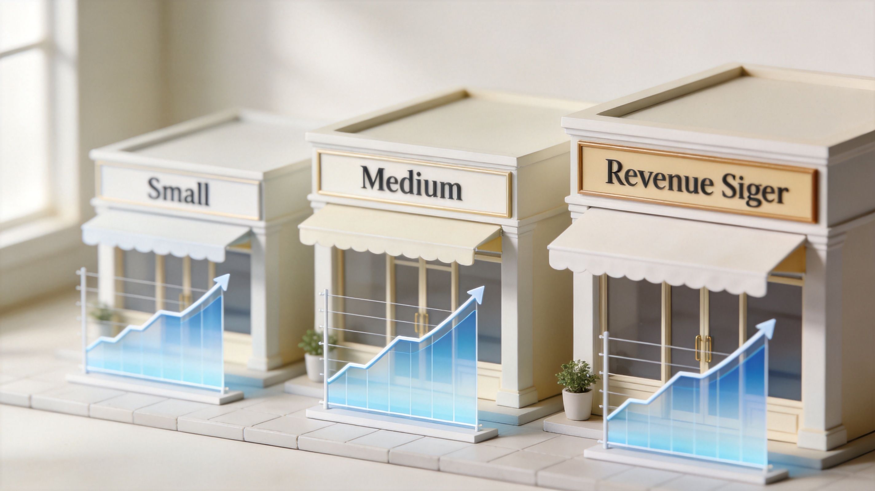 Three miniature shop models representing small, medium, and large businesses with glowing blue growth trend charts.