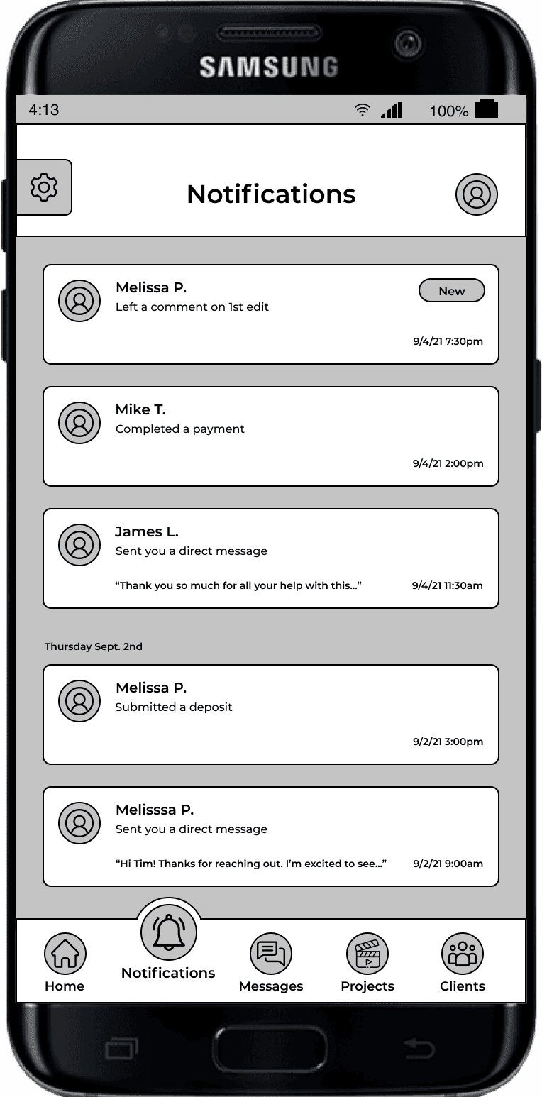 A wireframe of a media production app's notification page