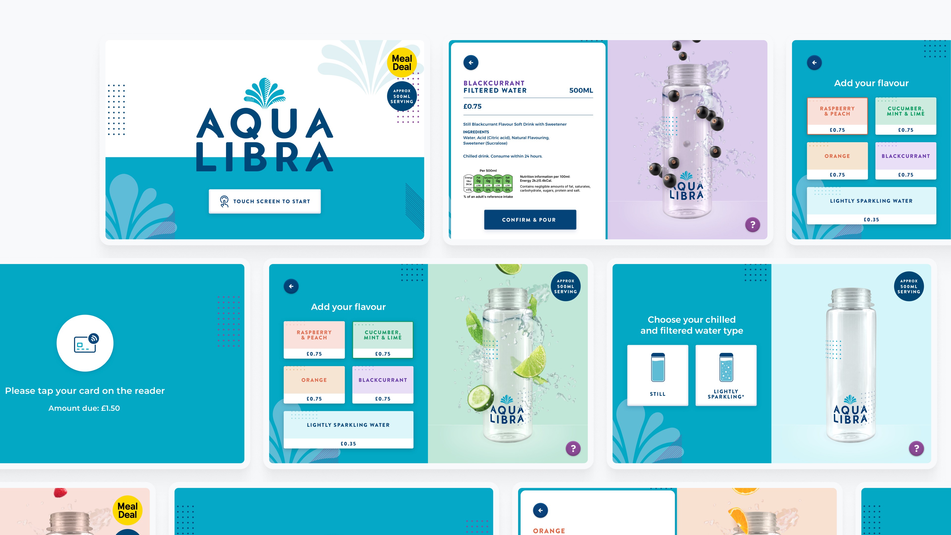 UI screens from the Aqua Libra tap interface showing water selection, flavour options and pricing