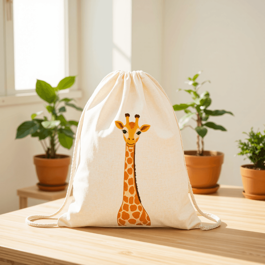 product photography of a drawstring bag with a cute giraffe design