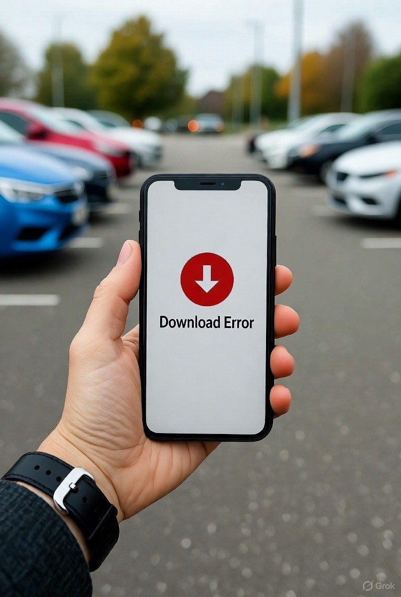 Person holding a phone in a car park, with a download error appearing on the phone screen