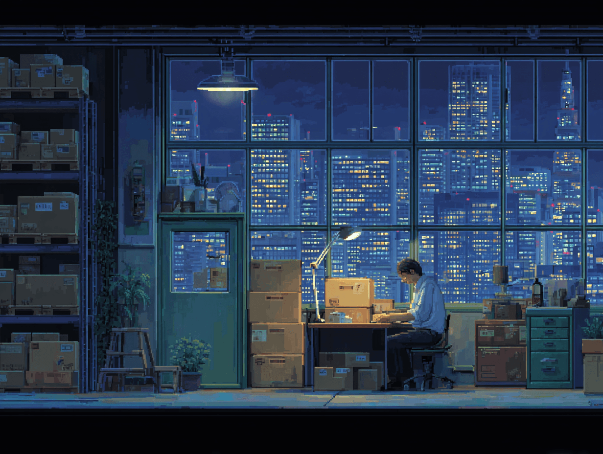 Pixel art of person working late in office in city.