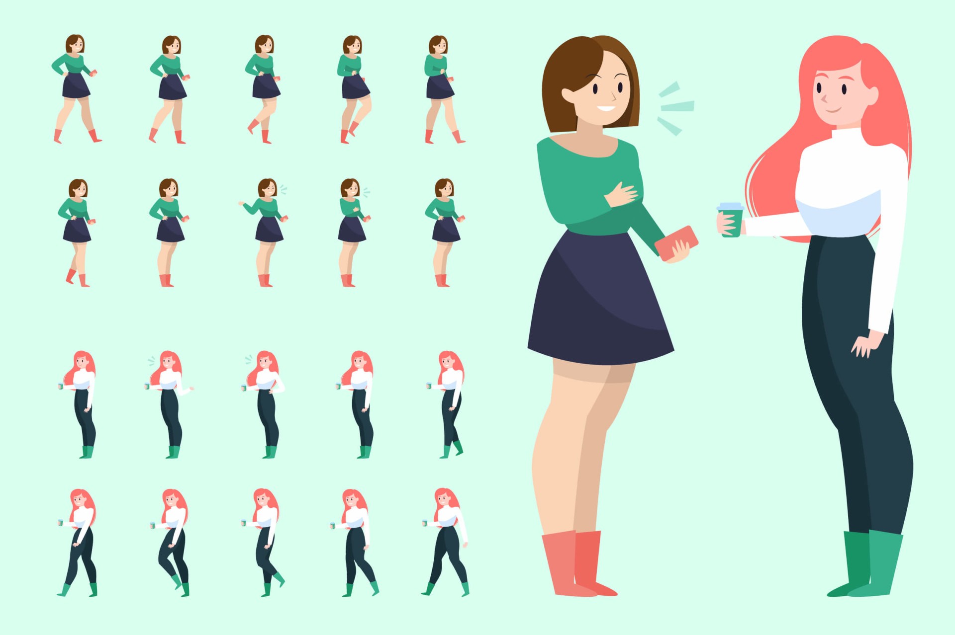 Ilustración de dos mujeres conversando y sosteniendo café con expresiones animadas sobre fondo verde para abbvie