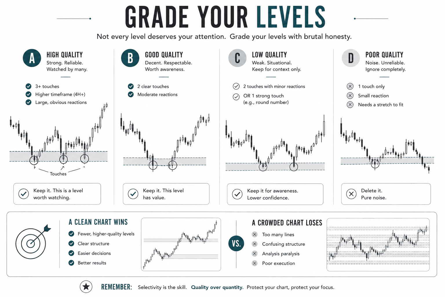 Educational infographic explaining how to evaluate and grade resistance levels from A to D based on the number of historical touches, timeframe, and strength of seller reactions. The visual encourages traders to focus on high-quality resistance zones while removing weak levels that add unnecessary clutter to the chart.