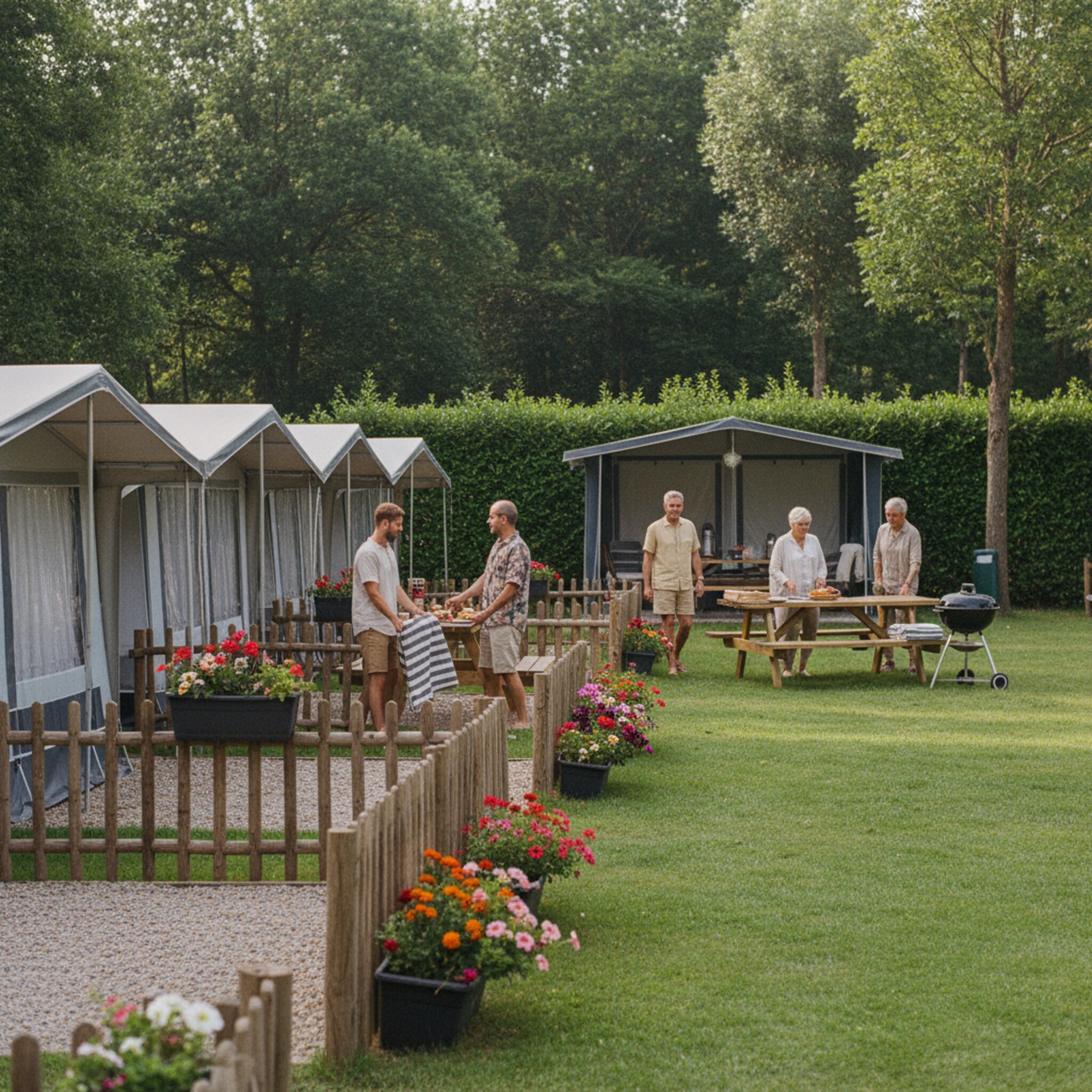 Entlang eines Zauns stehen gepflegte Parzellen mit privat wirkenden Vorzelten und Blumenkästen. Auf einer Gemeinschaftsfläche bereitet eine kleine Gruppe Bänke für ein Grillfest vor. Hinter Hecken liegt ein abgetrennter Bereich ruhig im Schatten. Die Stimmung ist vertraut, strukturiert und einladend.