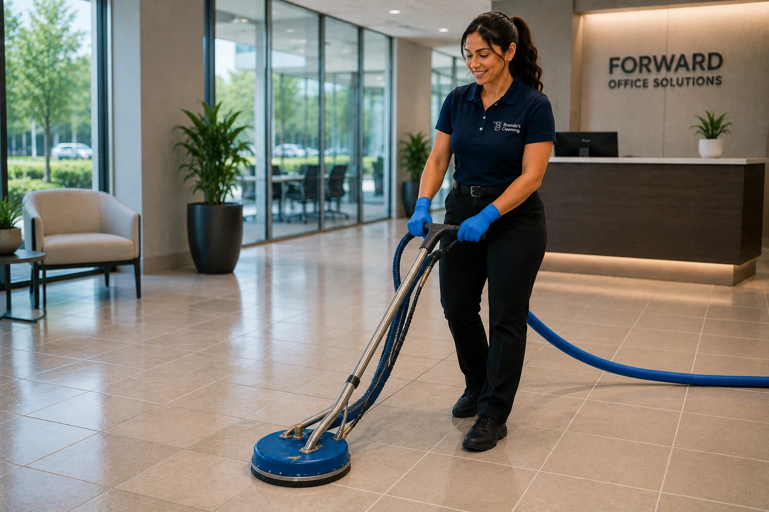 A smiling commercial floor cleaning professional with Brenda's Cleaning service operating an industrial hard surface spinner tool to deep clean and restore tile floors. Dressed in a branded navy blue uniform polo shirt, black work pants with a belt, black shoes, and blue protective gloves, she guides the pressurized cleaning machine connected to a blue vacuum hose across the tiled floor. The scene showcases professional tile and grout cleaning, hard surface commercial floor care, and property janitorial services inside a modern office lobby featuring large windows, potted plants, and a front reception desk with a sign reading "FORWARD OFFICE SOLUTIONS."