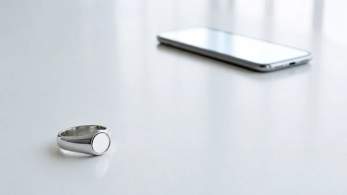 Silver smart tasbih ring in focus with a blank-screen phone resting several hand-widths away