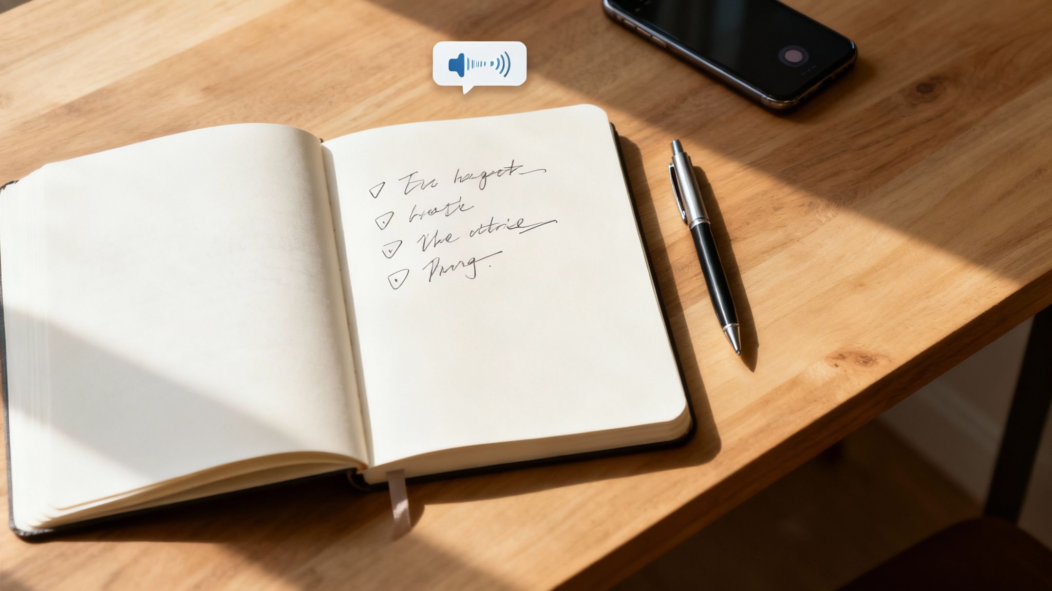 Open notebook with handwritten checklist and pen on wooden desk with smartphone and audio icon