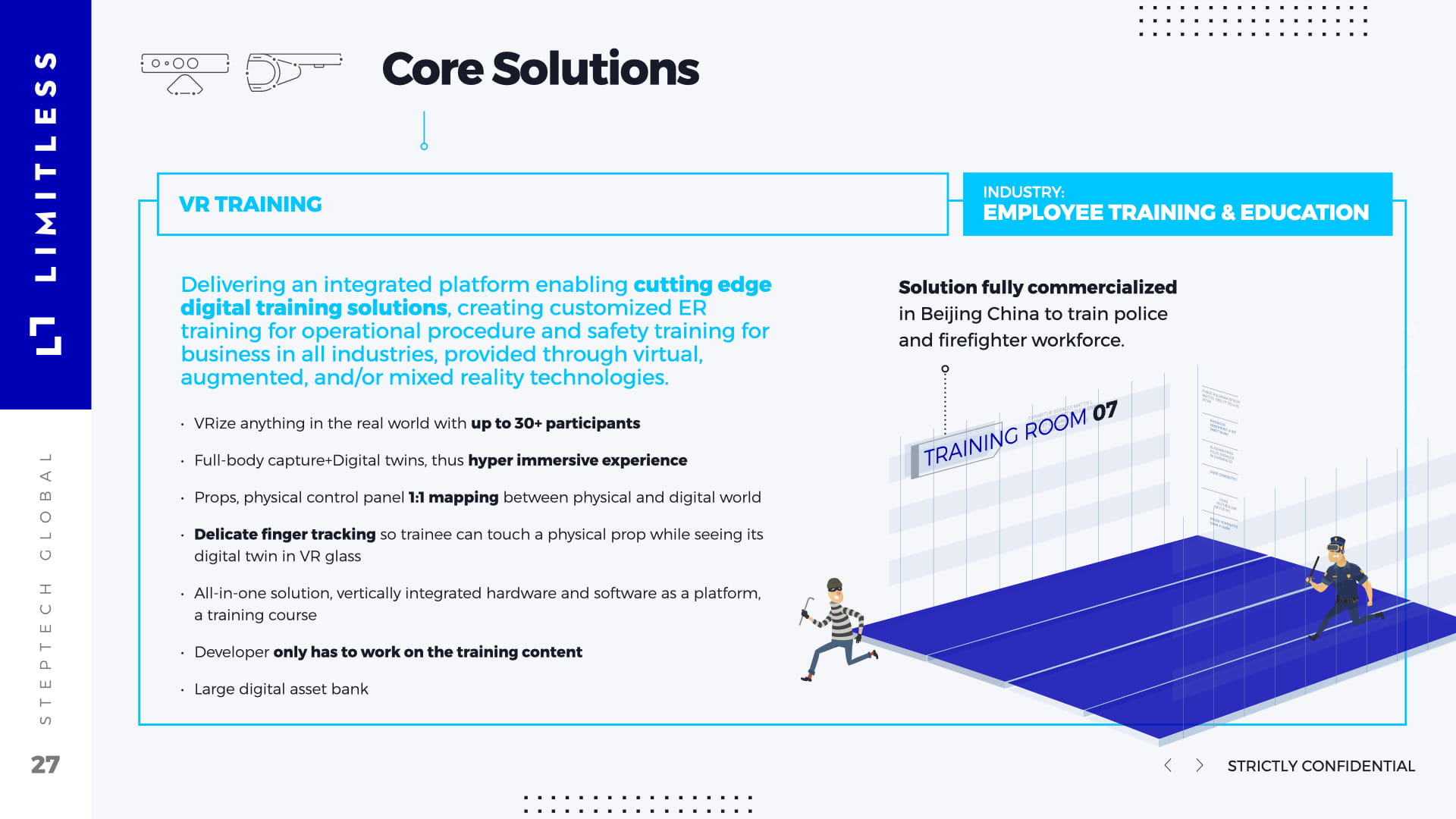 VR Training solution slide for Employee Training and Education industry featuring isometric Training Room 07 illustration with police officer chasing robber, describing customized XR training for operational procedures and safety with 30+ participant capacity, full-body digital twins, 1:1 physical-digital mapping, and Beijing China police and firefighter commercialization