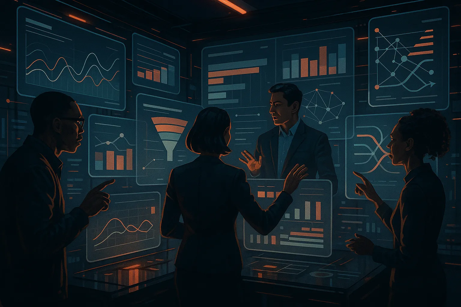 Professionals analyzing data at RockN' Socials, a digital marketing agency.