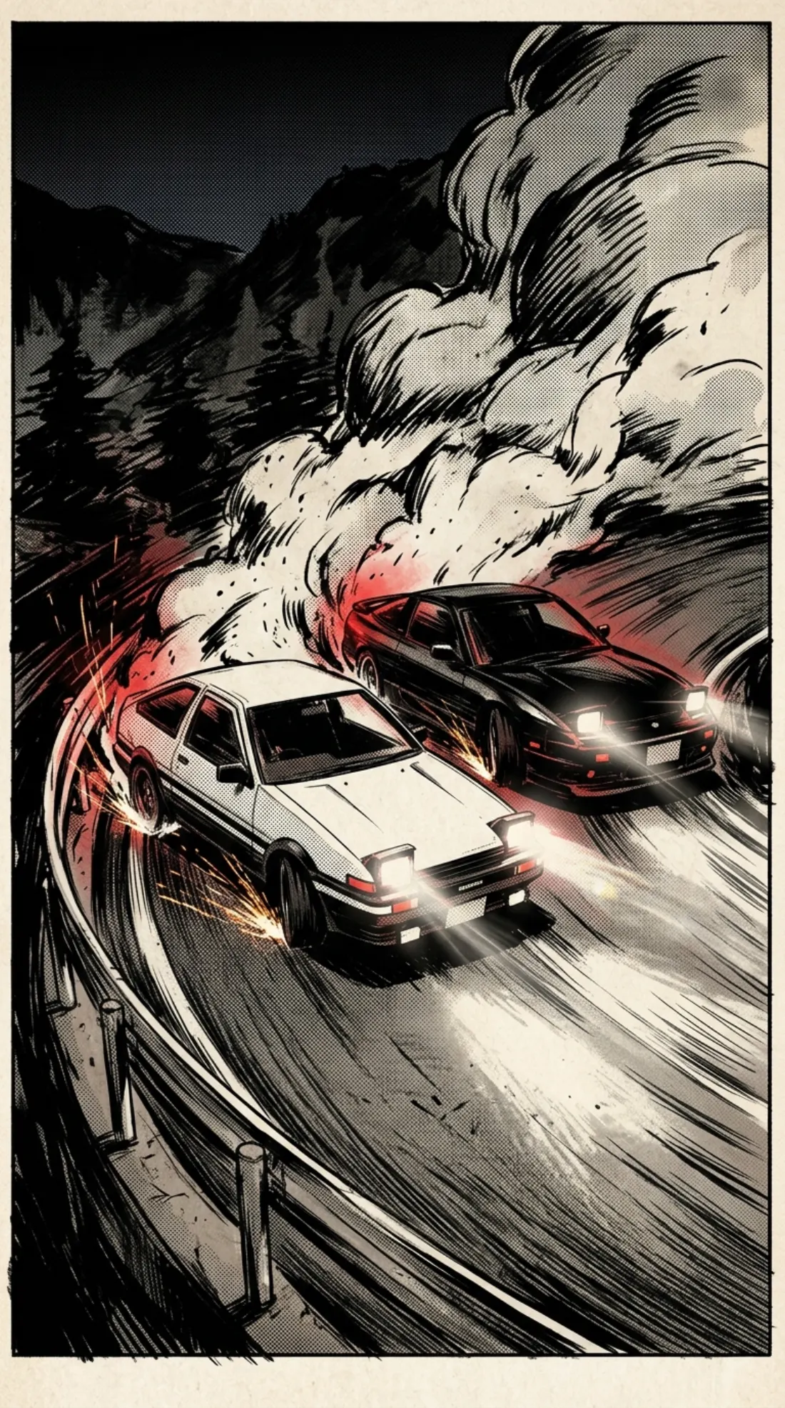 Ink drawing: two cars drift through a smoke-filled mountain corner at night