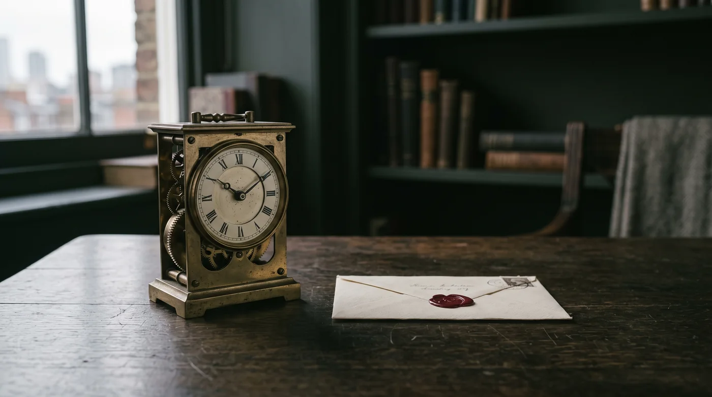 A brass clock and a sealed envelope on a dark desk