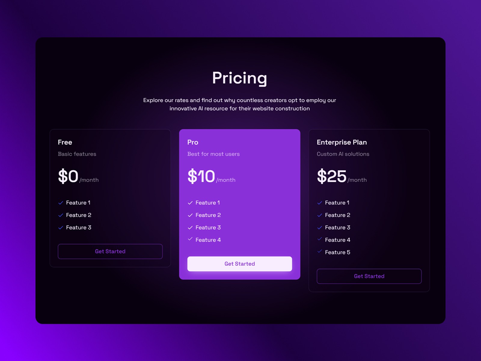 A pricing section of the "Design dotAI" template featuring a clean and modern layout. Three pricing plans are displayed side-by-side against a sleek dark background: Free, Pro ($10/month), and Enterprise Plan ($25/month). Each plan includes a list of features, with checkmarks to indicate availability. The Pro plan is highlighted in a vibrant purple to draw attention, with a "Get Started" button beneath each option. Above the plans, a brief description invites users to explore affordable options for leveraging AI-powered resources for website construction. The design is visually striking and conversion-focused, with a futuristic and professional feel.