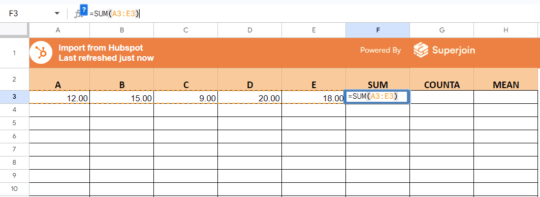 type =SUM(A3:E3)