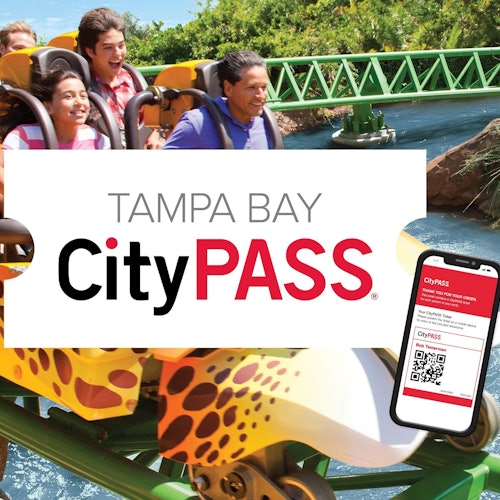 People enjoying a rollercoaster ride with a "Tampa Bay CityPASS" ad overlay, showing a mobile ticket with a QR code.