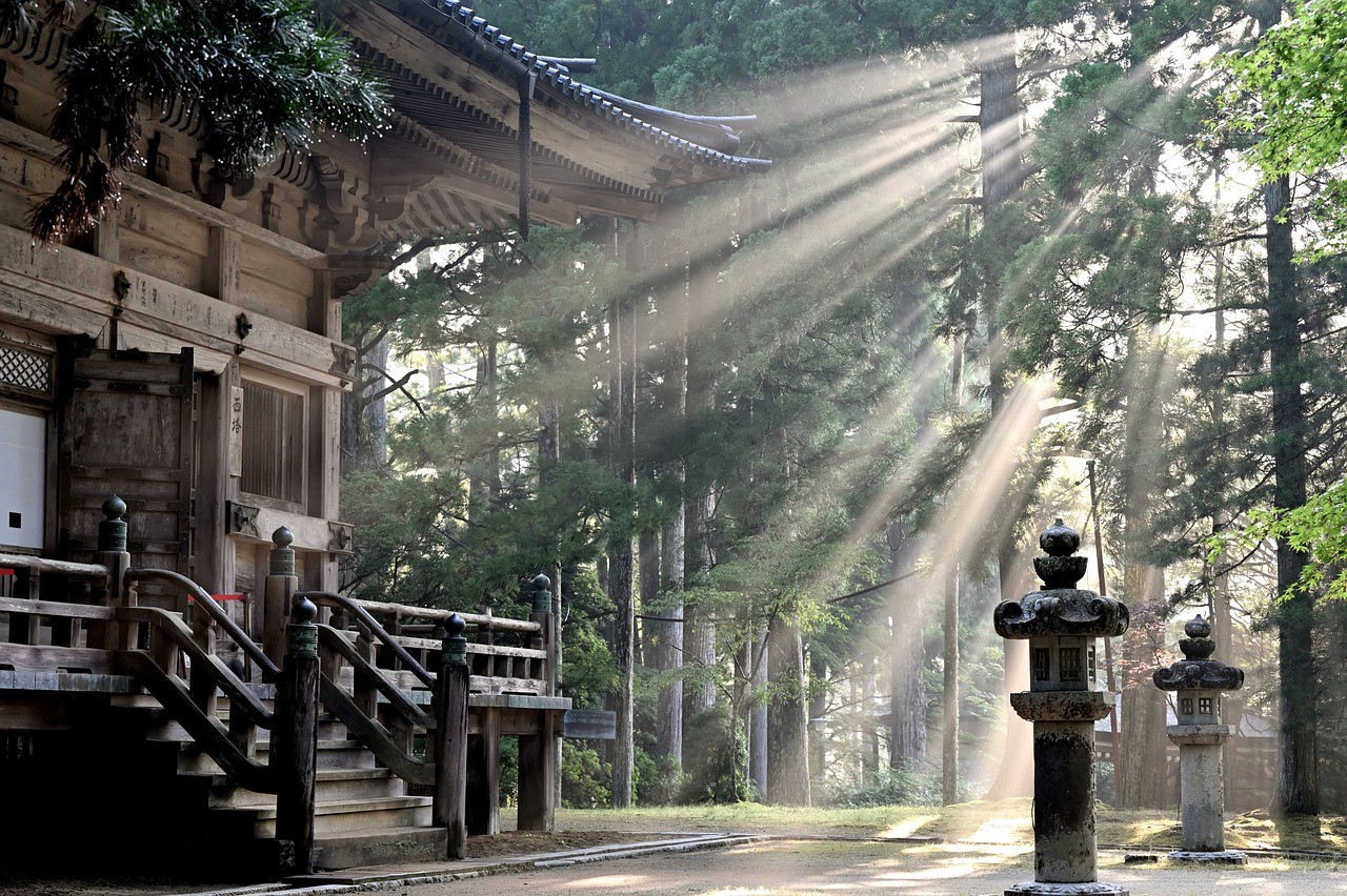 Japanese calm forest with monastery