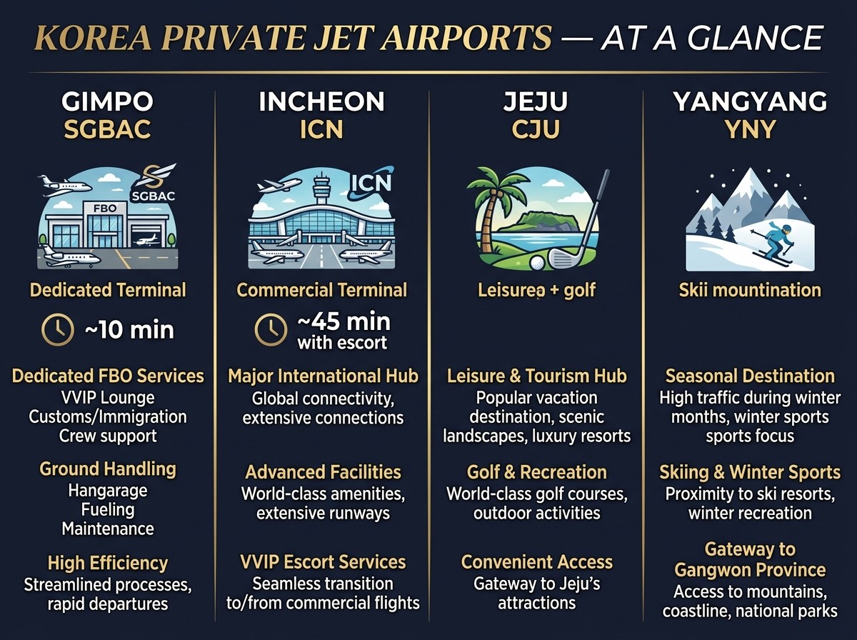 한국 4대 전용기 공항 비교 인포그래픽 - 김포 인천 제주 양양 시설 동선 시간