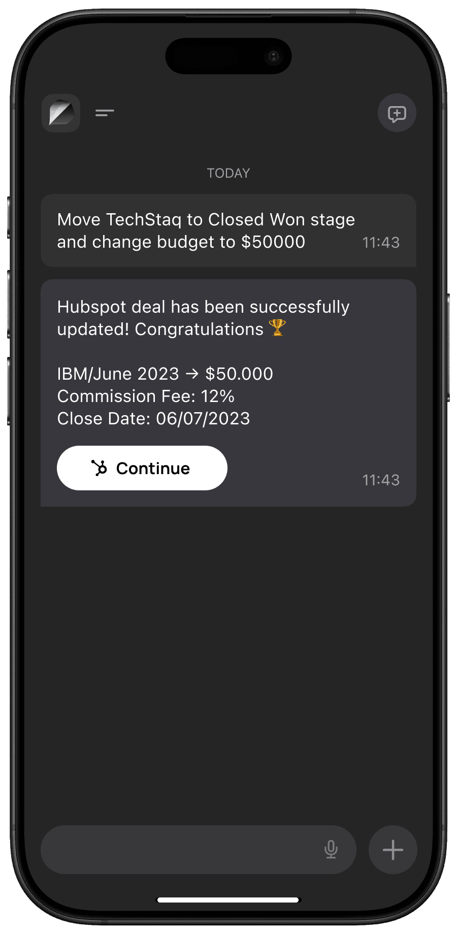 Screenshot of chat with a client
