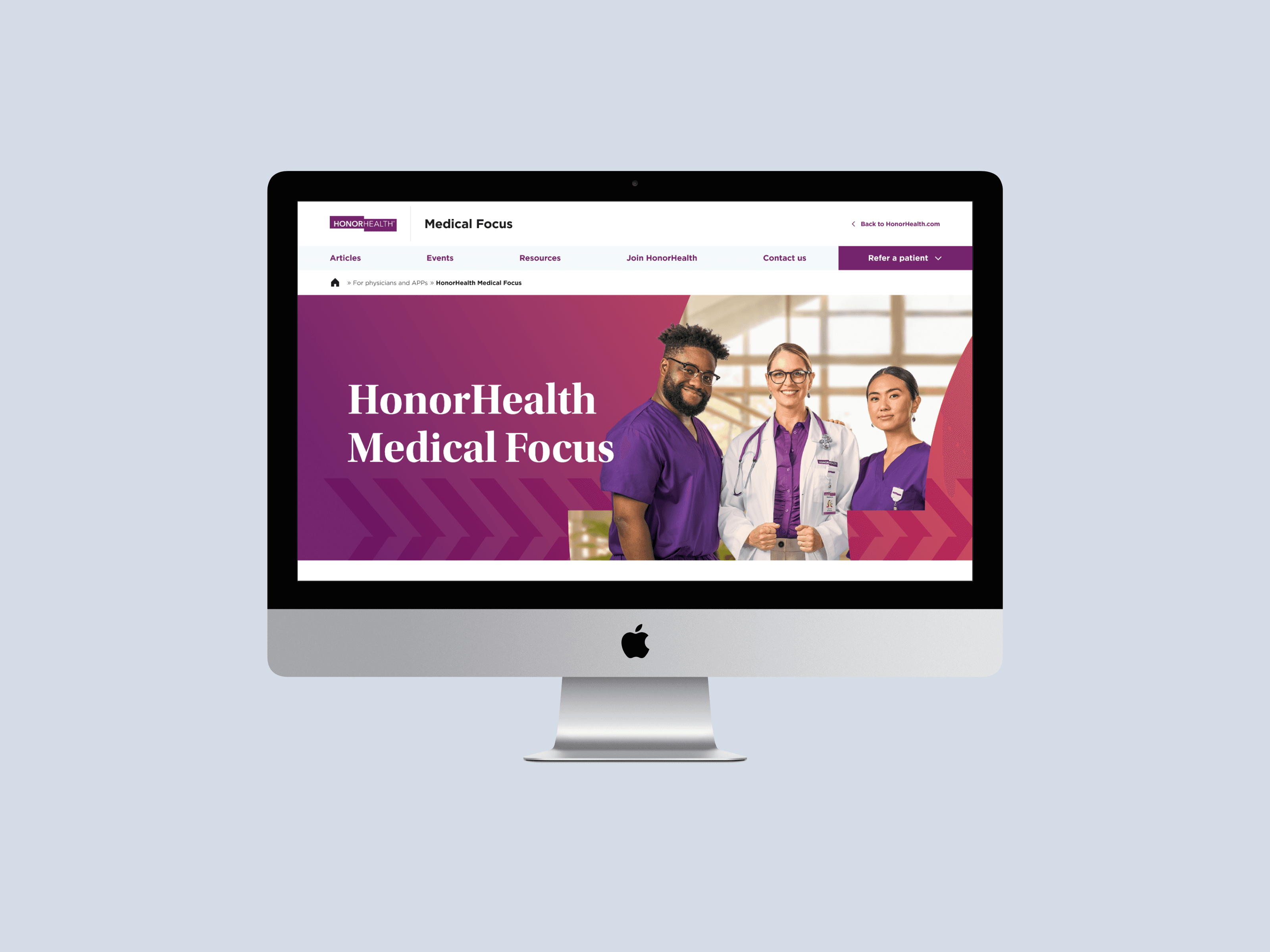 InReach healthcare app mockups showing patient dashboard and doctor profile screens.
