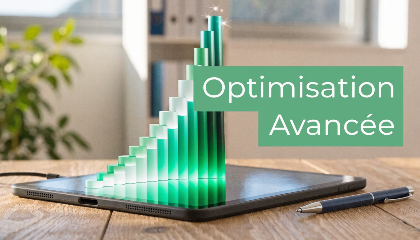 Tablette numérique avec un graphique à barres en 3D symbolisant l'optimisation avancée des performances sur une table.