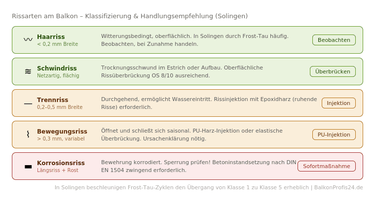 Infografik: Fünf Rissarten am Balkon in Solingen – von harmlosen Haarrissen bis zu kritischen Korrosionsrissen mit freiliegender Bewehrung, jeweils mit typischer Rissbreite, Schadensbeschreibung und konkreter Handlungsempfehlung