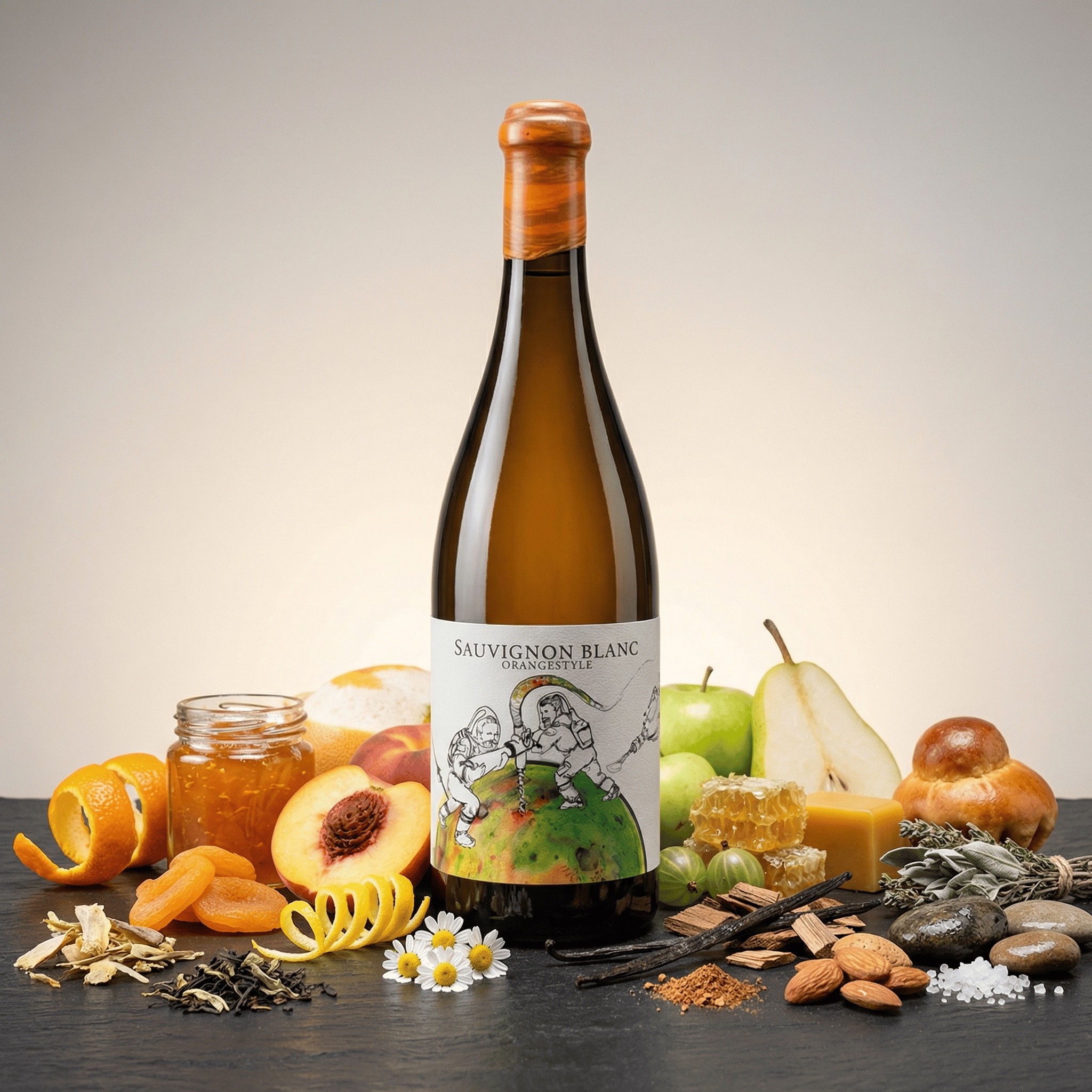 Sauvignon Blanc Orangestyle Aroma-Packshot mit Pfirsich, Aprikose, Honigwabe und Gewürzen auf Schiefer