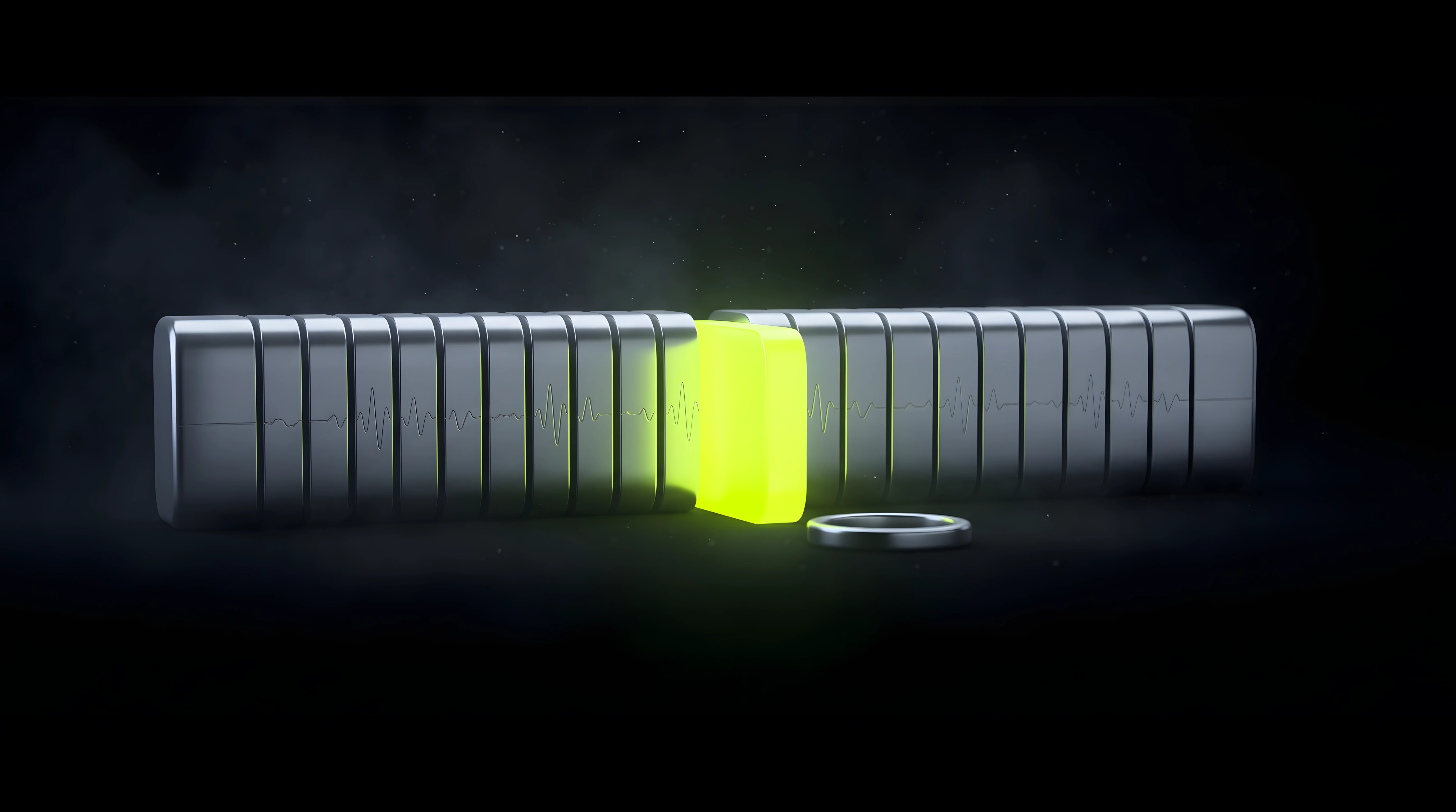 A chrome audio file split into glowing byte slices, one Toxic Lime slice pulled forward toward a waiting player