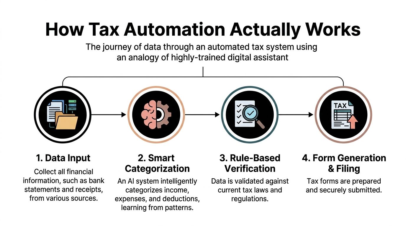A diagram explaining the four-step process of how tax automation software works, from data input to filing.