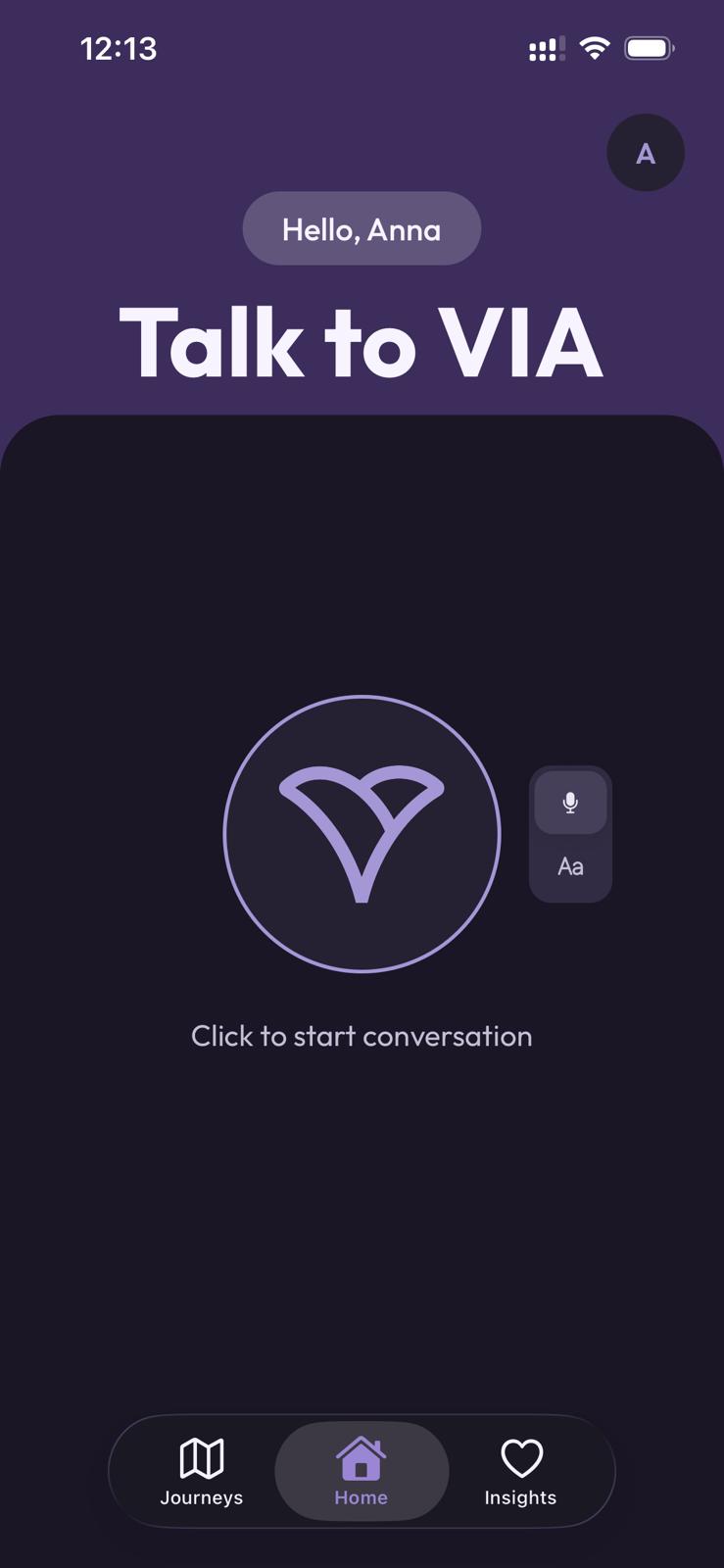 A smartphone displaying the 'Meet LUMI' app interface. The screen shows 'Welcome Christian' at the top right, and prominently features a circular logo resembling a brain or two tree halves, with the left half light blue and the right half dark purple. To the right of this logo is a toggle switch. Below the logo, it says 'Click to start conversation'. At the bottom of the screen, there's a dropdown menu labeled 'Buddy Mode'.