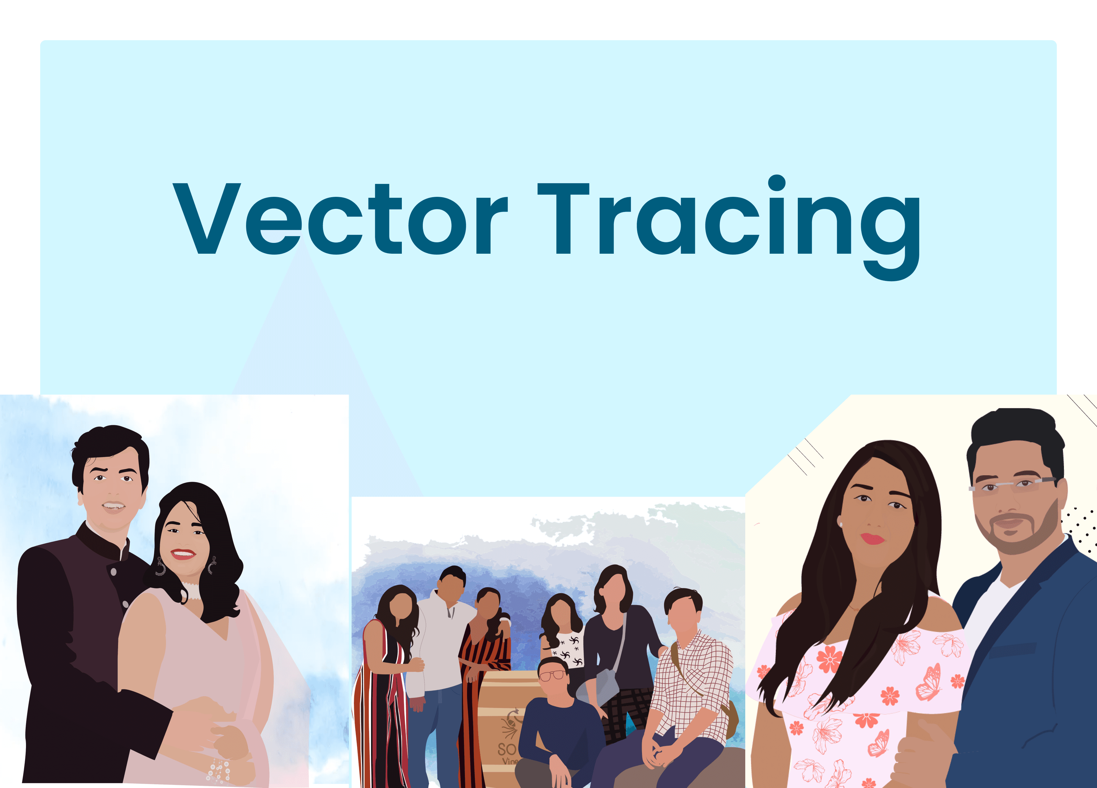 Digitally illustrated group portraits of smiling couples and friends, showcasing digital art and illustration skills.