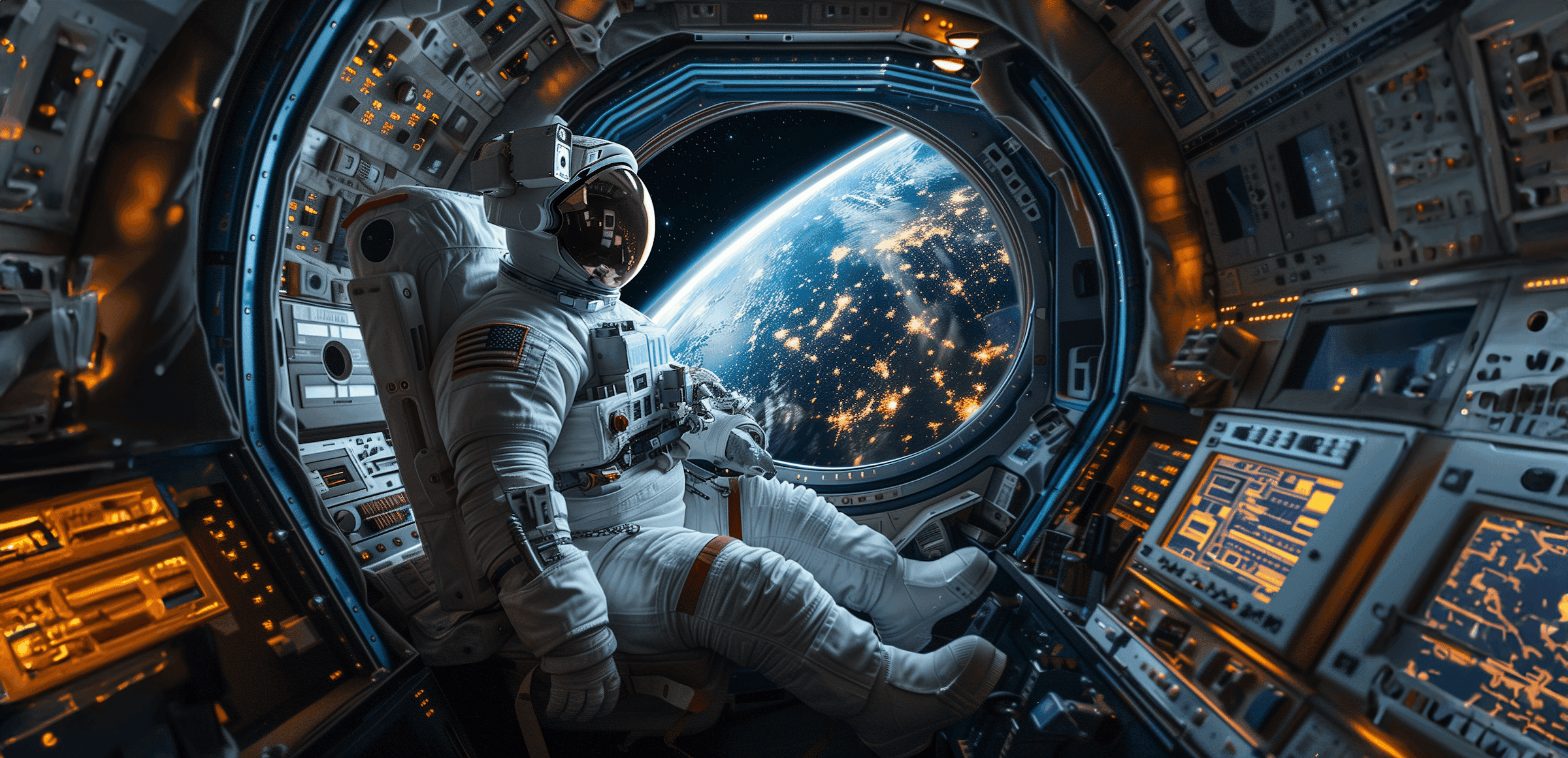 Astronaut floating in zero gravity near spacecraft window