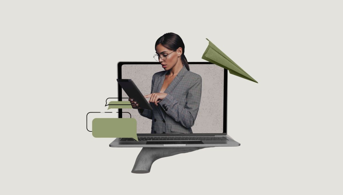 Digital collage of person emerging from laptop with tablet and speech bubbles, symbolizing how to end an email professionally.