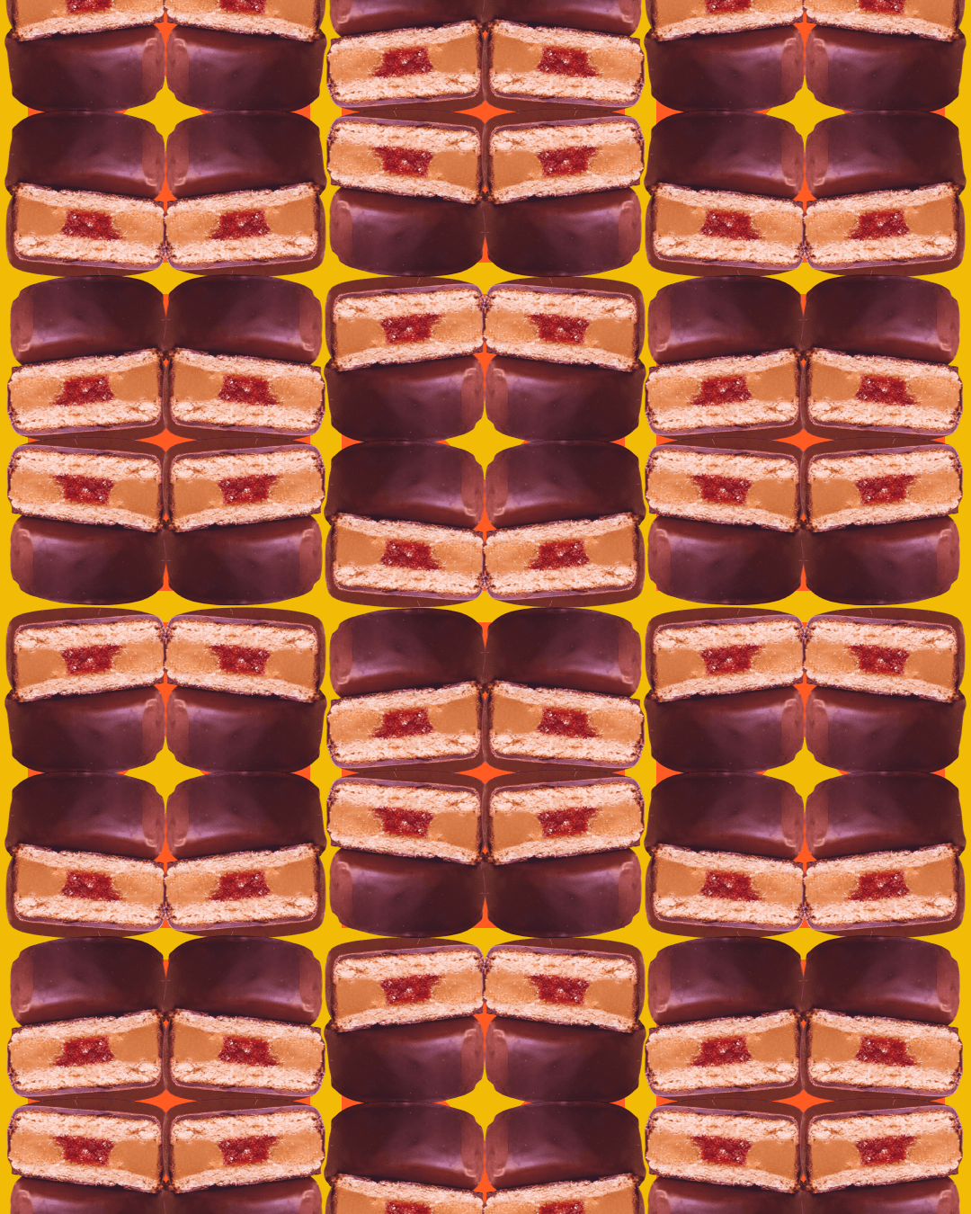 Background made with Alfajor Madre – lime-zested biscuits filled with Biscoff and red berries, coated in dark chocolate – Madre Bakers, Queen's Park Farmers' Market, London.