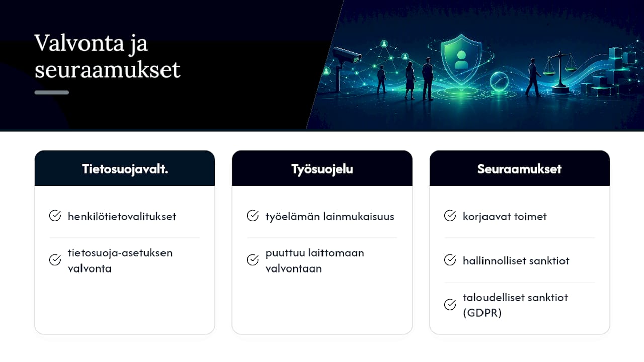 Valvonta ja seuraamukset: mihin viranomaisiin ottaa yhteyttä ja työntekijän oikeusturva — overview diagram
