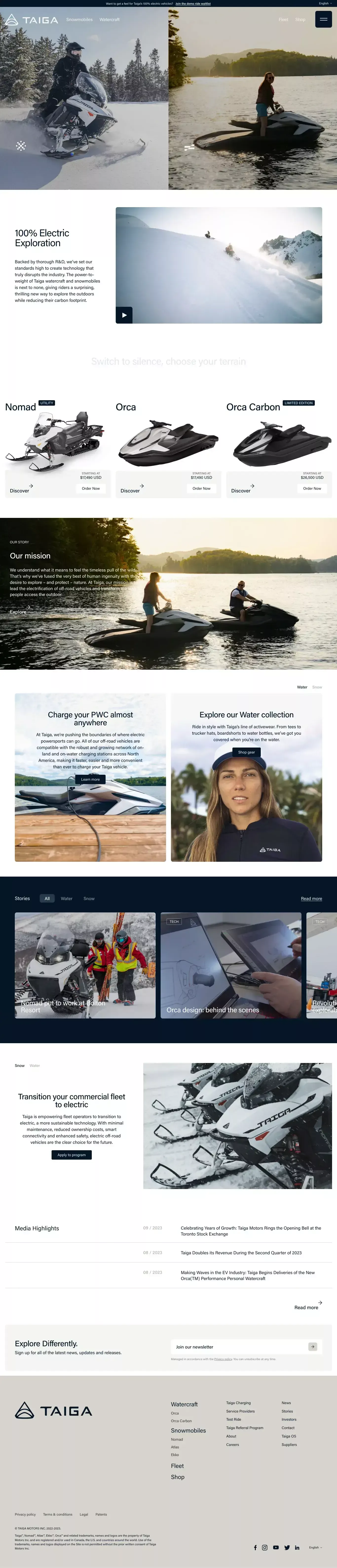 Taiga Motors landing page screenshot showcasing Tech and Sport design