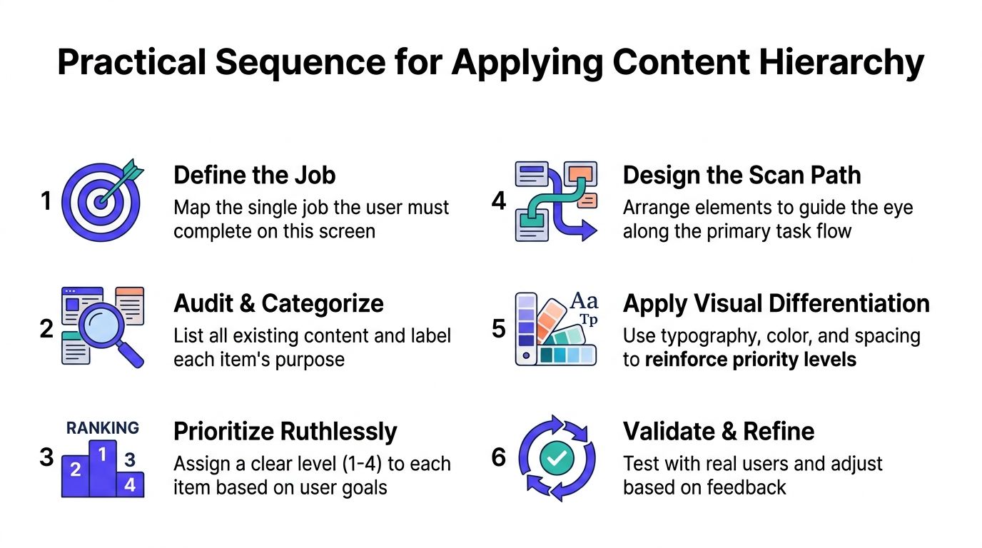 A six-step instructional infographic explaining the practical sequence for applying content hierarchy in interface design.