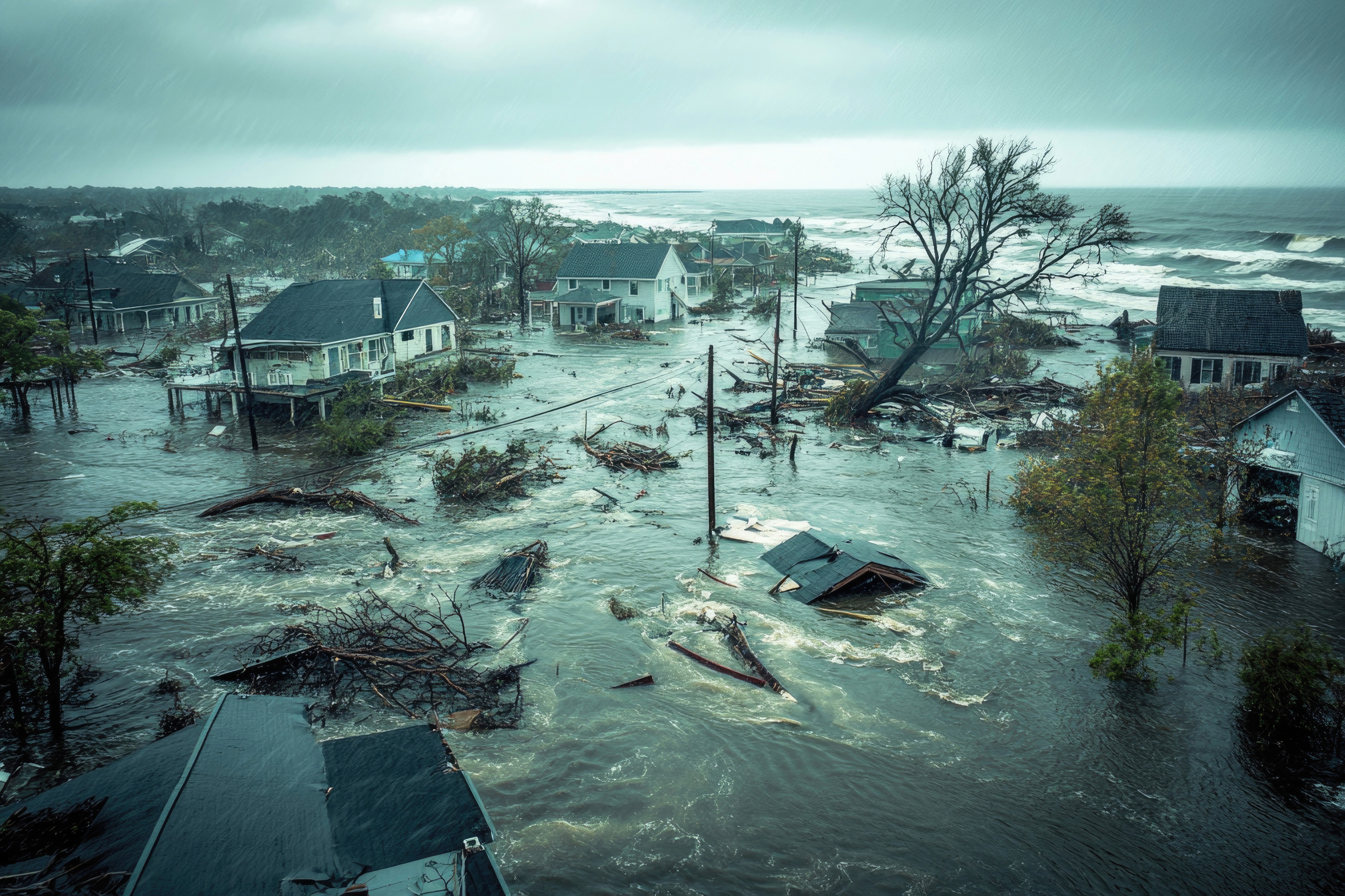 Photo showing severe flooding and infrastructure damage in a Puerto Rican neighborhood following Hurricane Fiona, illustrating the widespread loss of communication and power services.