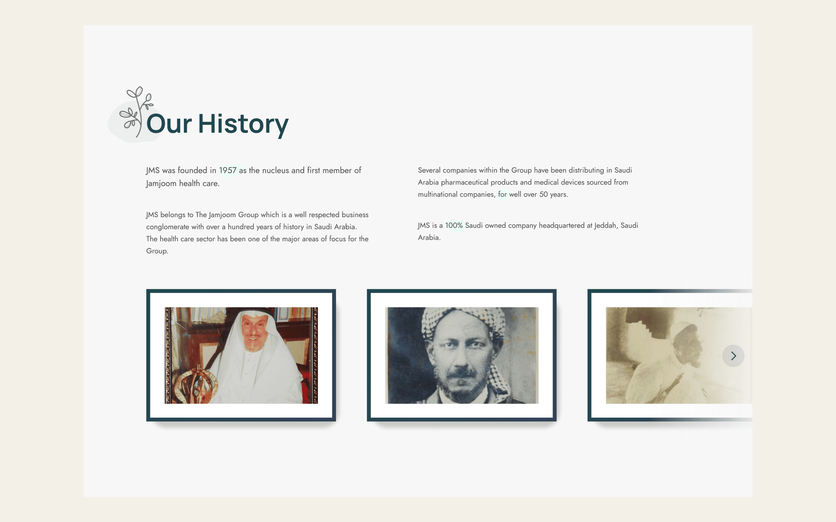 Framed archival photographs and family history arranged on the Jamjoom website.