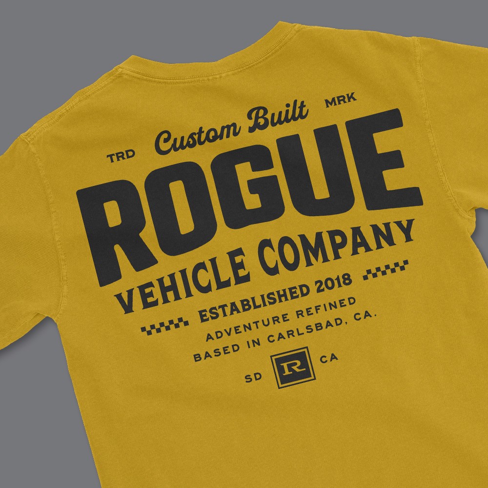 Rogue Vehicle Company gold t-shirt with bold logo typography