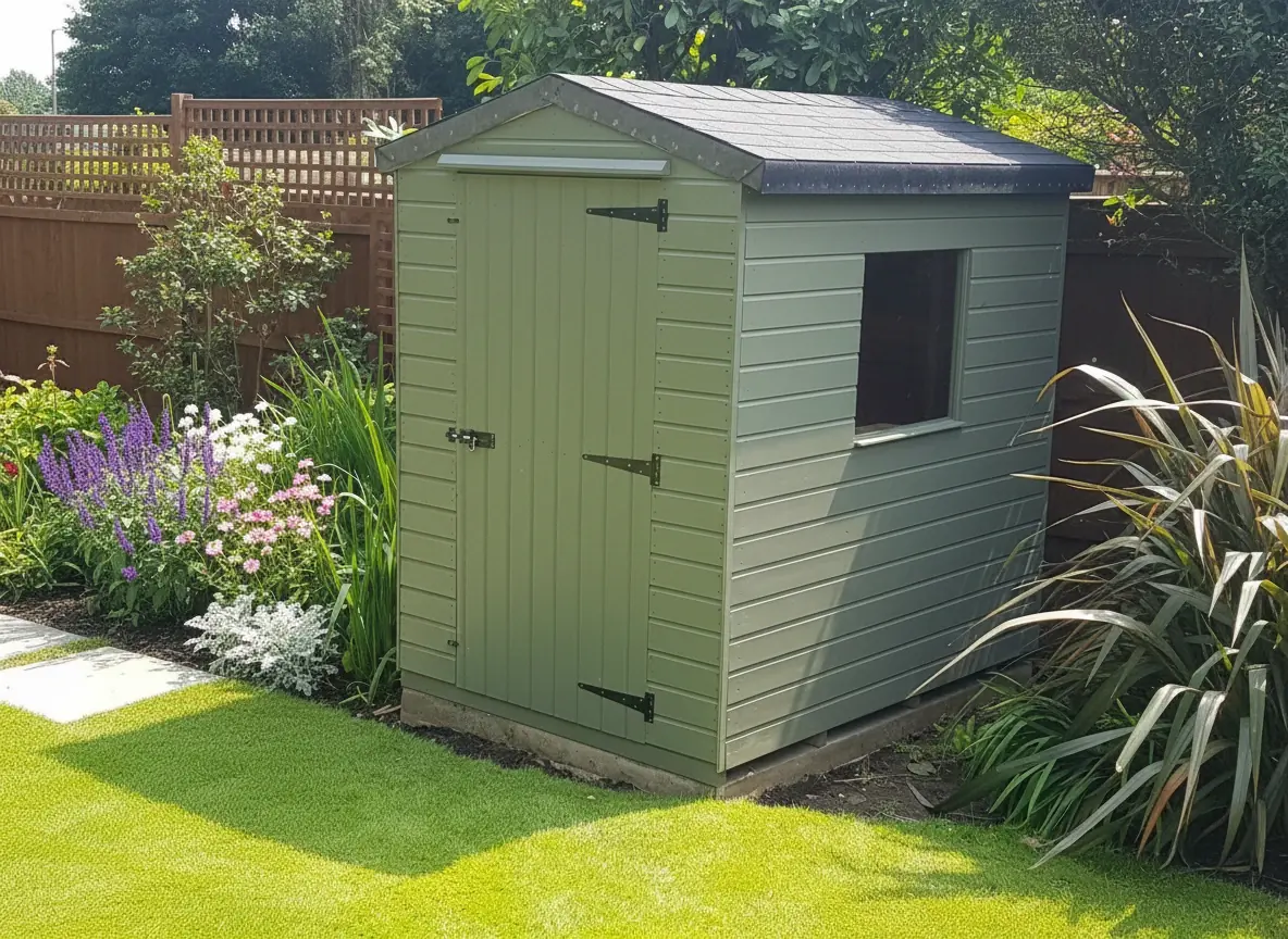 Olive green apex shed with felt shingle roof