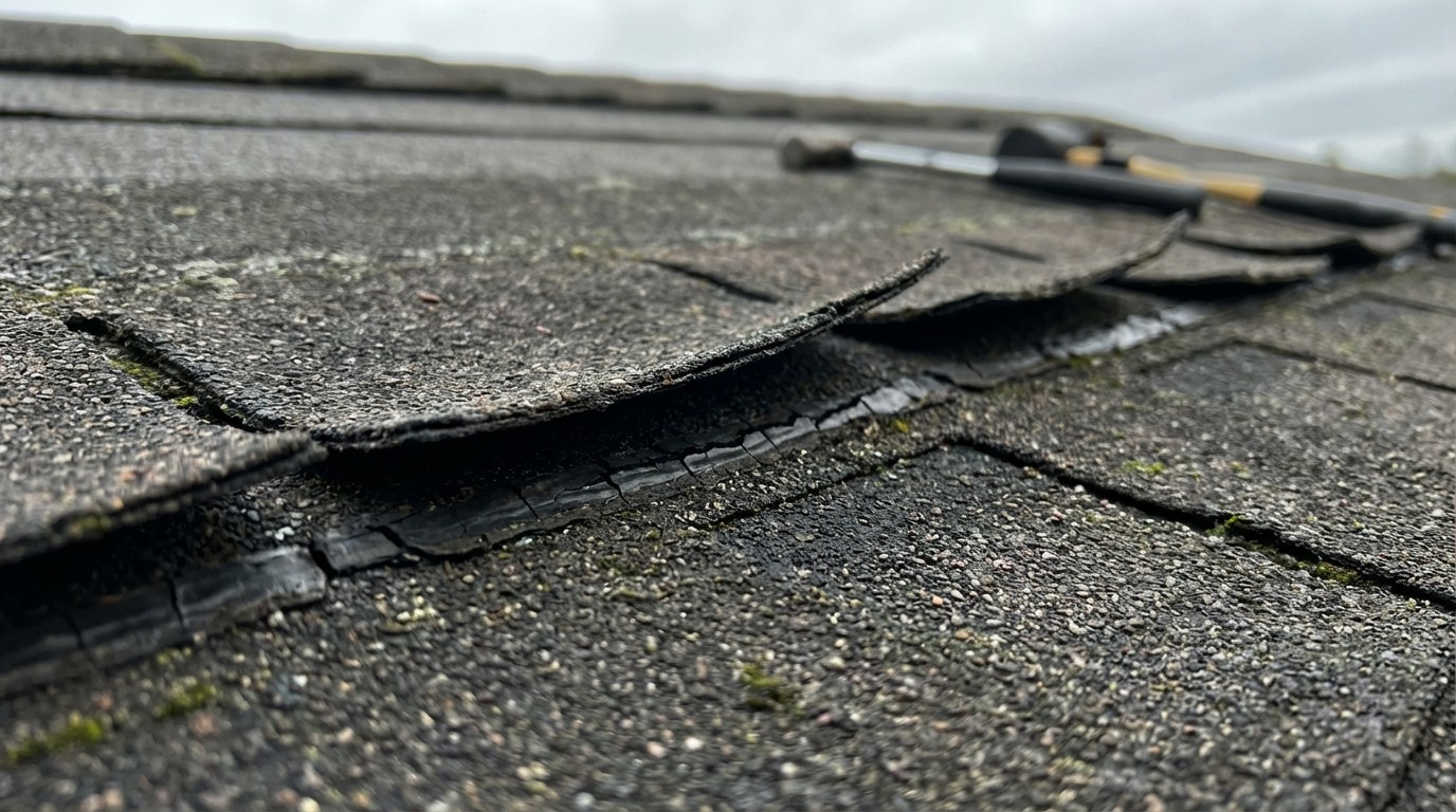 Lifted asphalt shingle tabs showing broken adhesive seals and curled edges
