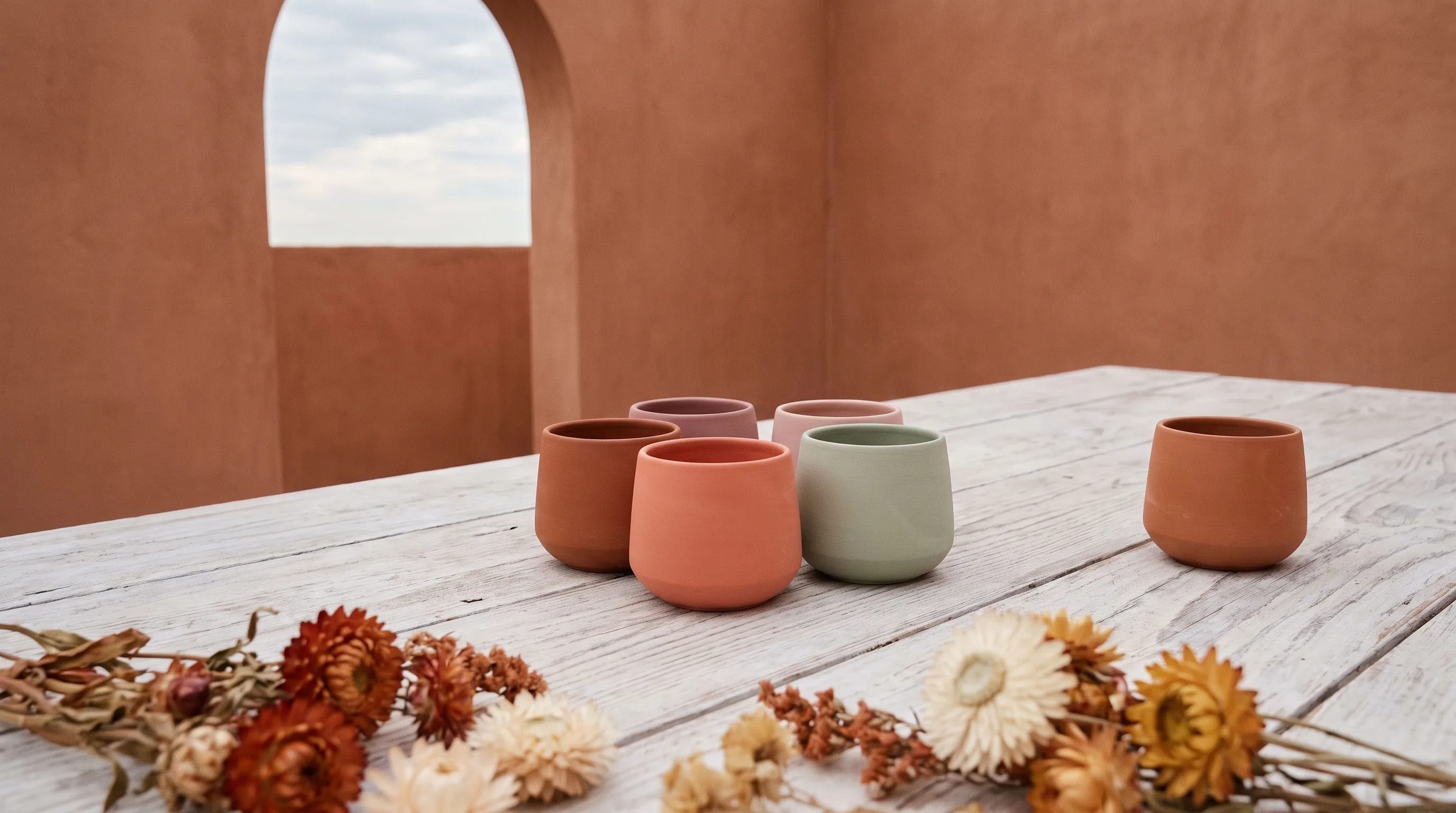 Five small ceramic vessels drawn into a close ring on a weathered table, with one vessel sitting apart from the group