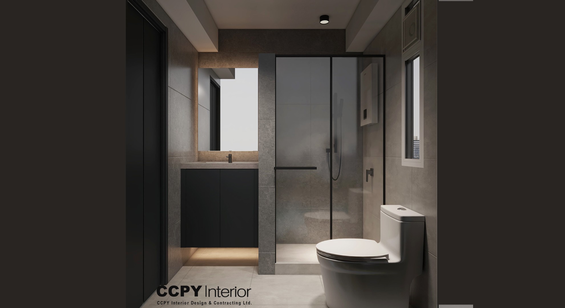 Functional and elegant hallway at Mount Pavilia with floor-to-ceiling white storage and a slim dark console table for aesthetic utility.