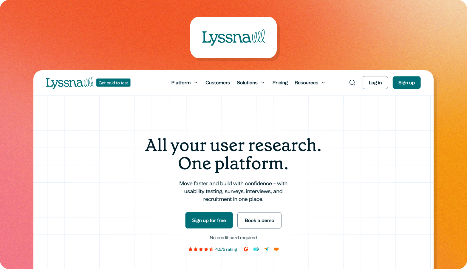 Screenshot of the Lyssna website homepage with the headline "All your user research. One platform," showing a 4.5/5 rating badge.