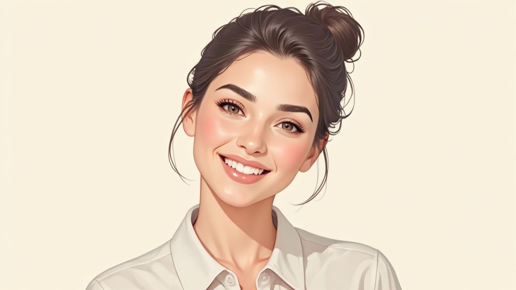 Eine Frau lächelt selbstbewusst in die Kamera, was einen professionellen ersten Eindruck vermittelt.