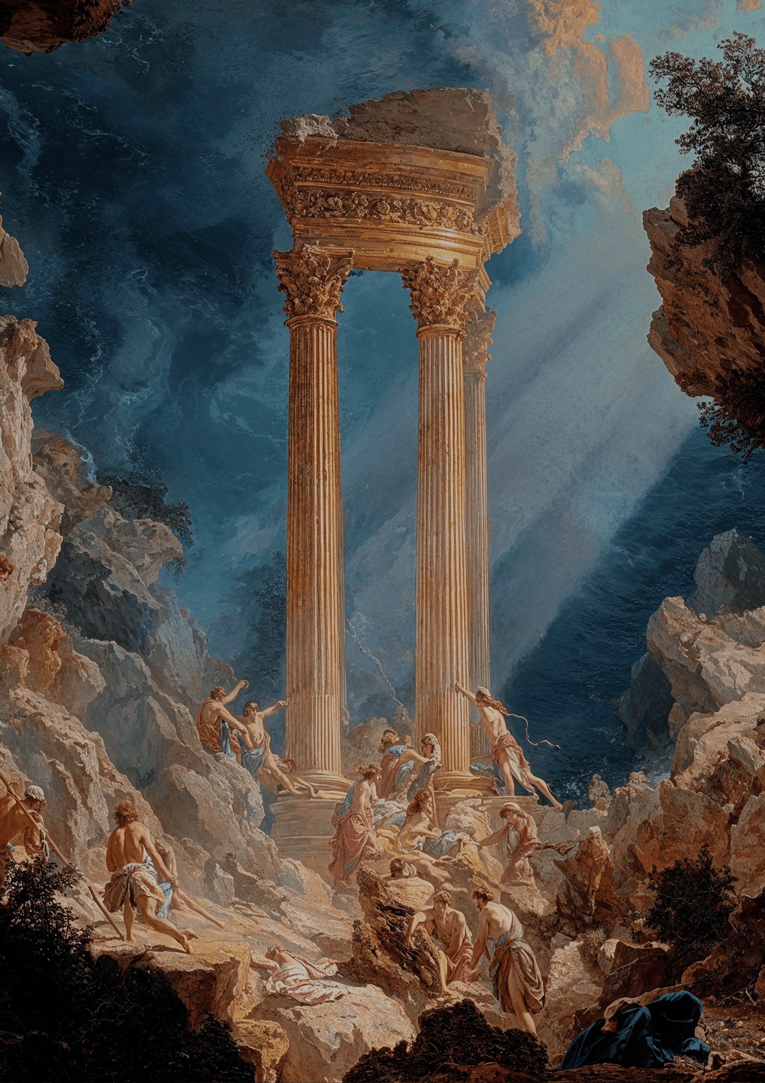 Tree branches reach towards a clear, blue sky.