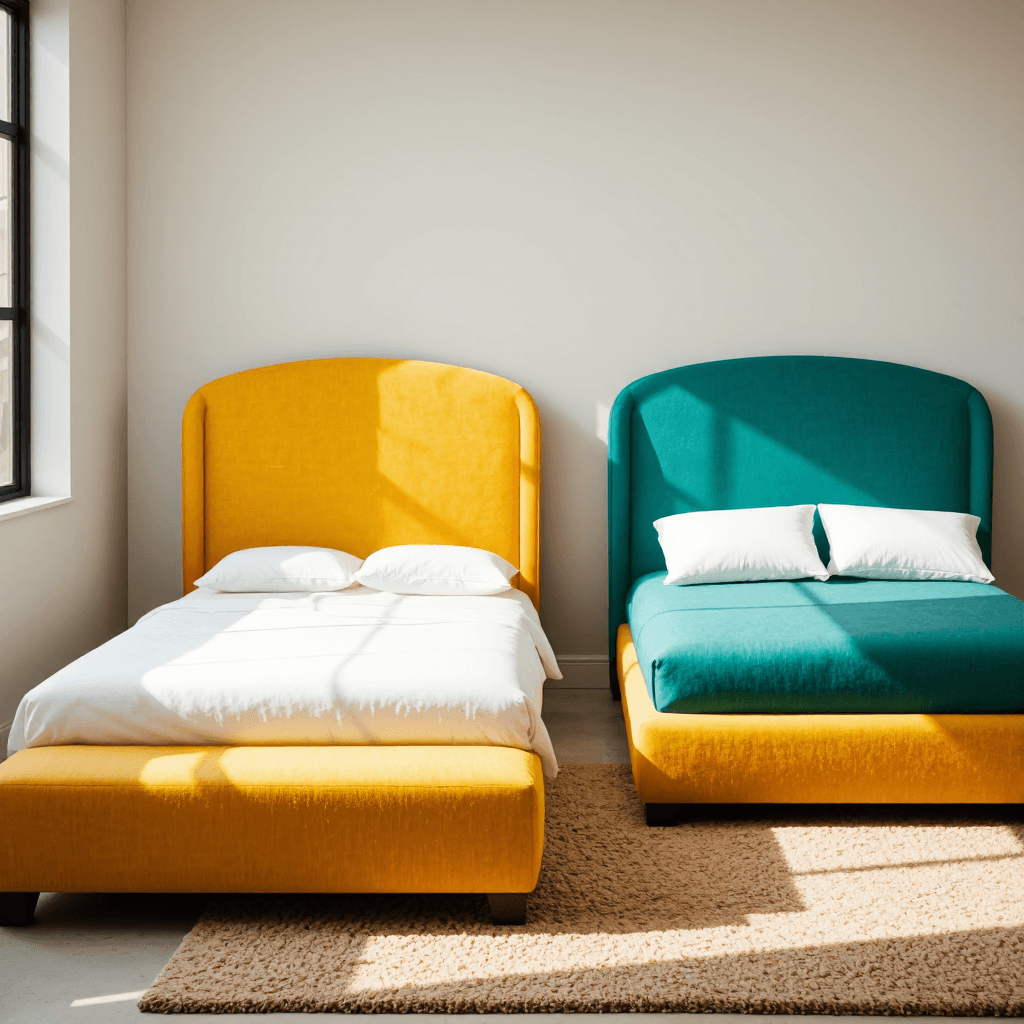 product photography of a pair of upholstered beds with rounded headboards, designed for sleeping or resting
