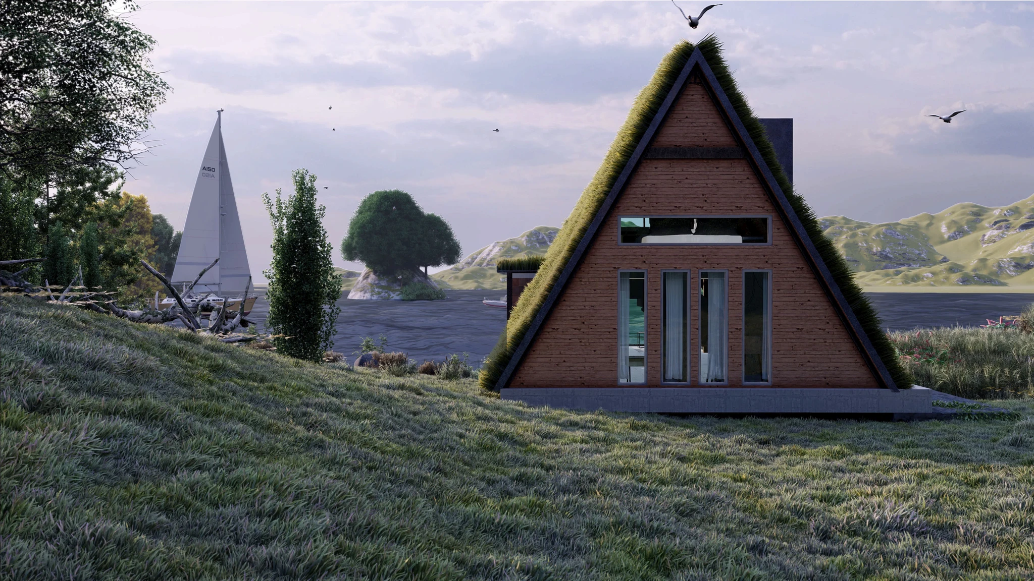 A picturesque frame house nestled by the tranquil waters.